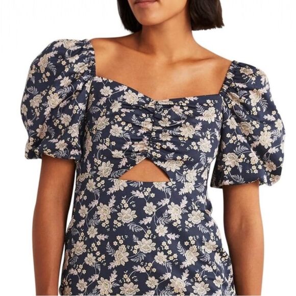 Boden Navy Floral Chintz Bloom Puff Sleeve Cut Out Mini Dress Cotton Size US 4 - Picture 6 of 11